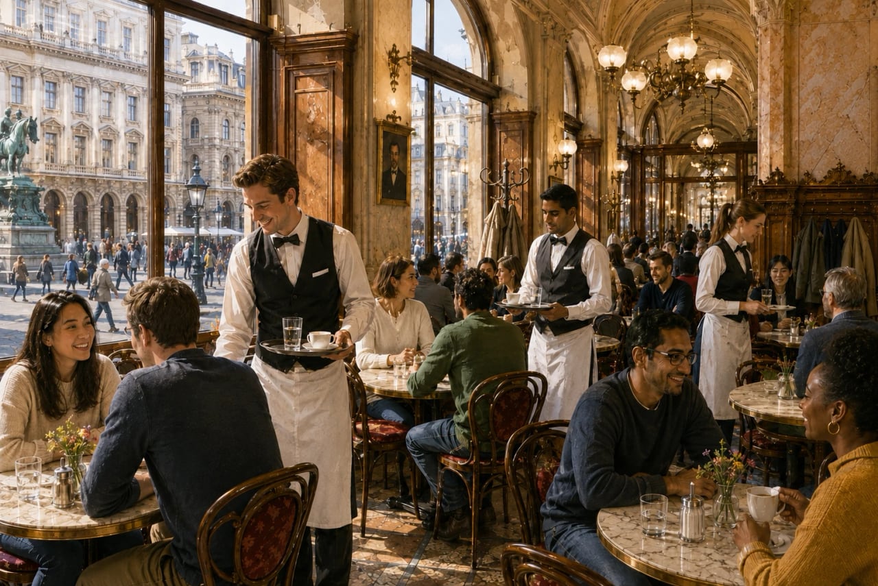 Illustration: Wiener Kaffeehaus mit Marmorsäulen und Lustern, Kellner servieren Kaffee, durch die Fenster Blick auf einen Platz mit Reiterdenkmal