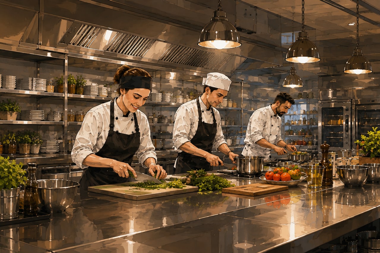 Illustration: large restaurant kitchen, three cooks preparing herbs and vegetables at a stainless steel counter