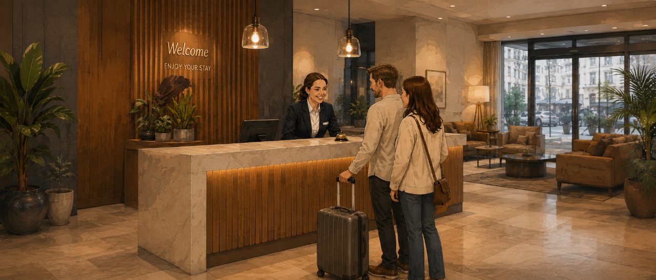 Illustration: Rezeption eines Hotels, Mitarbeiterinnen und Mitarbeiter empfangen Gäste